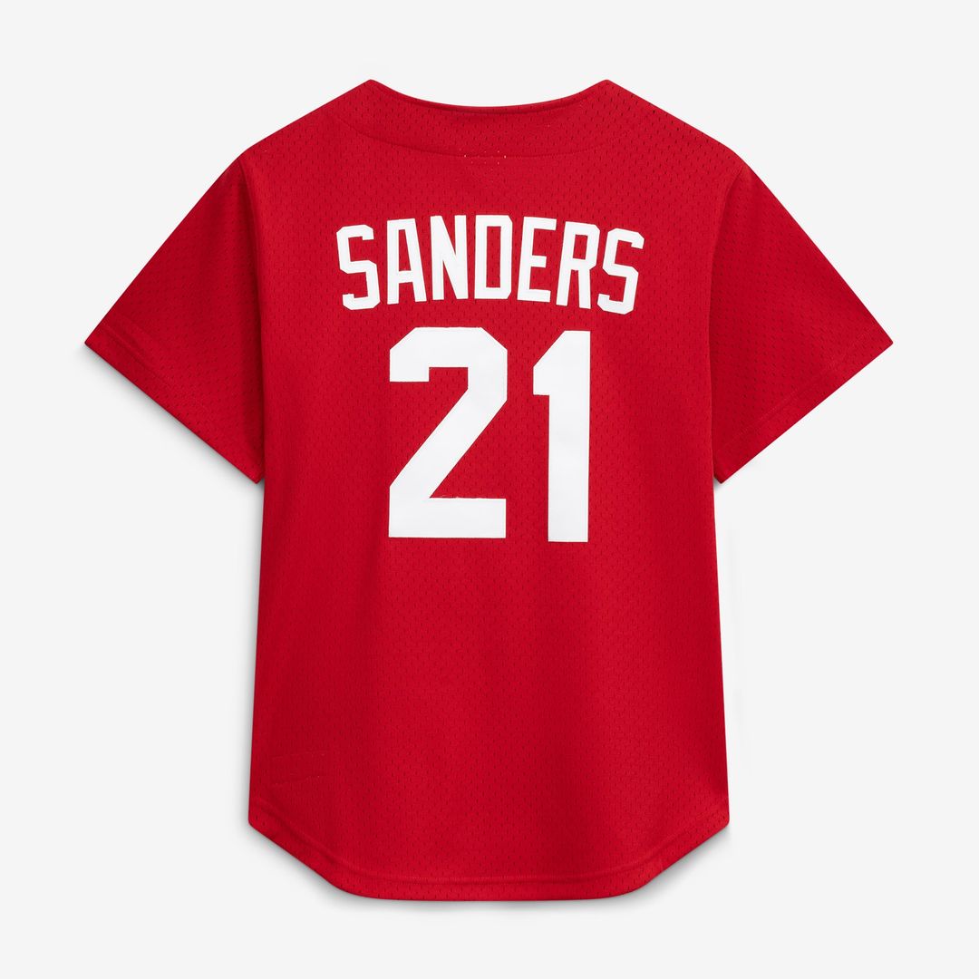 Cincinnati Reds Deion Sanders Mitchell & Ness Red Cooperstown Mesh Batting Practice Button-Up Jersey